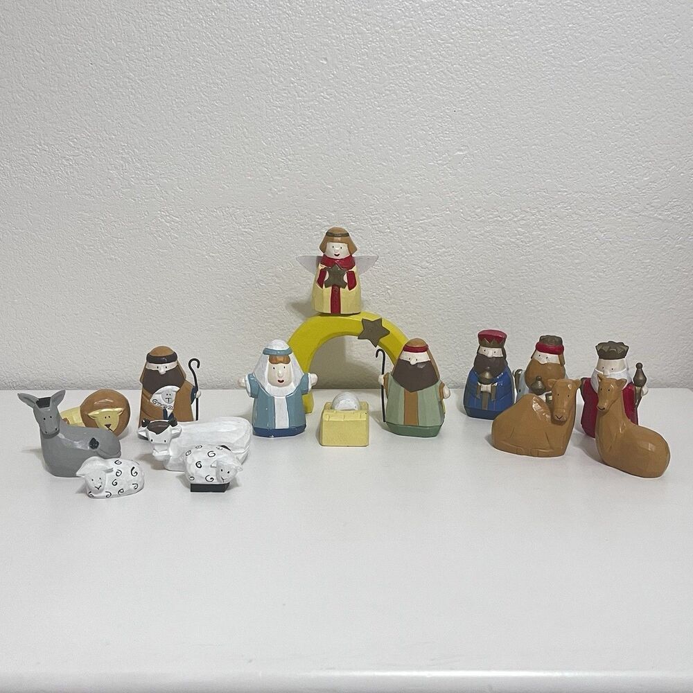 Vintage Midwest of Cannon Falls Wooden Christmas Nativity 16 Piece Set SCF